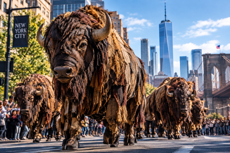 Giant life-size buffalo puppets roam the streets of New York City